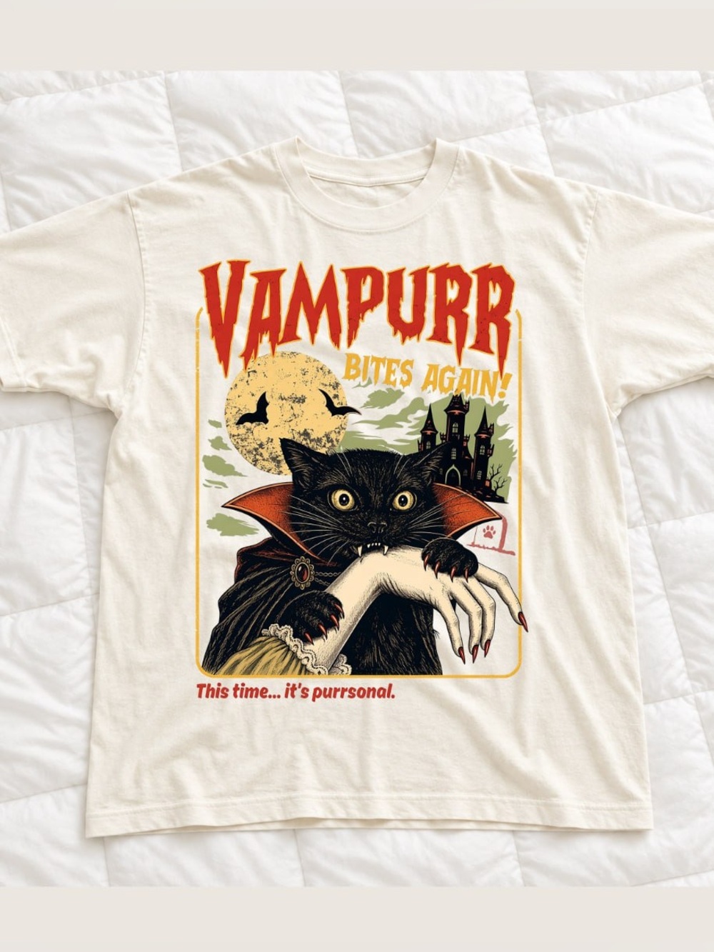Gildan Cream Vampurr Bites Again! Cat Graphic Tee